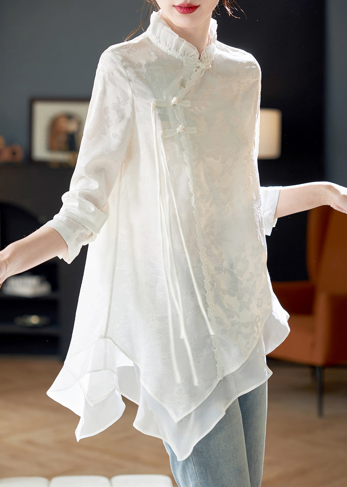Sondra - Blusa bianca elegante in chiffon con volant donna