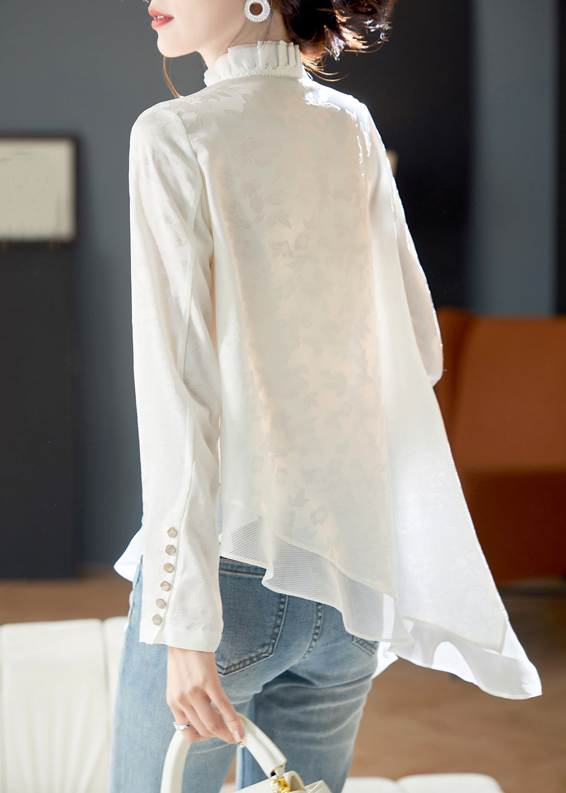 Sondra - Blusa bianca elegante in chiffon con volant donna