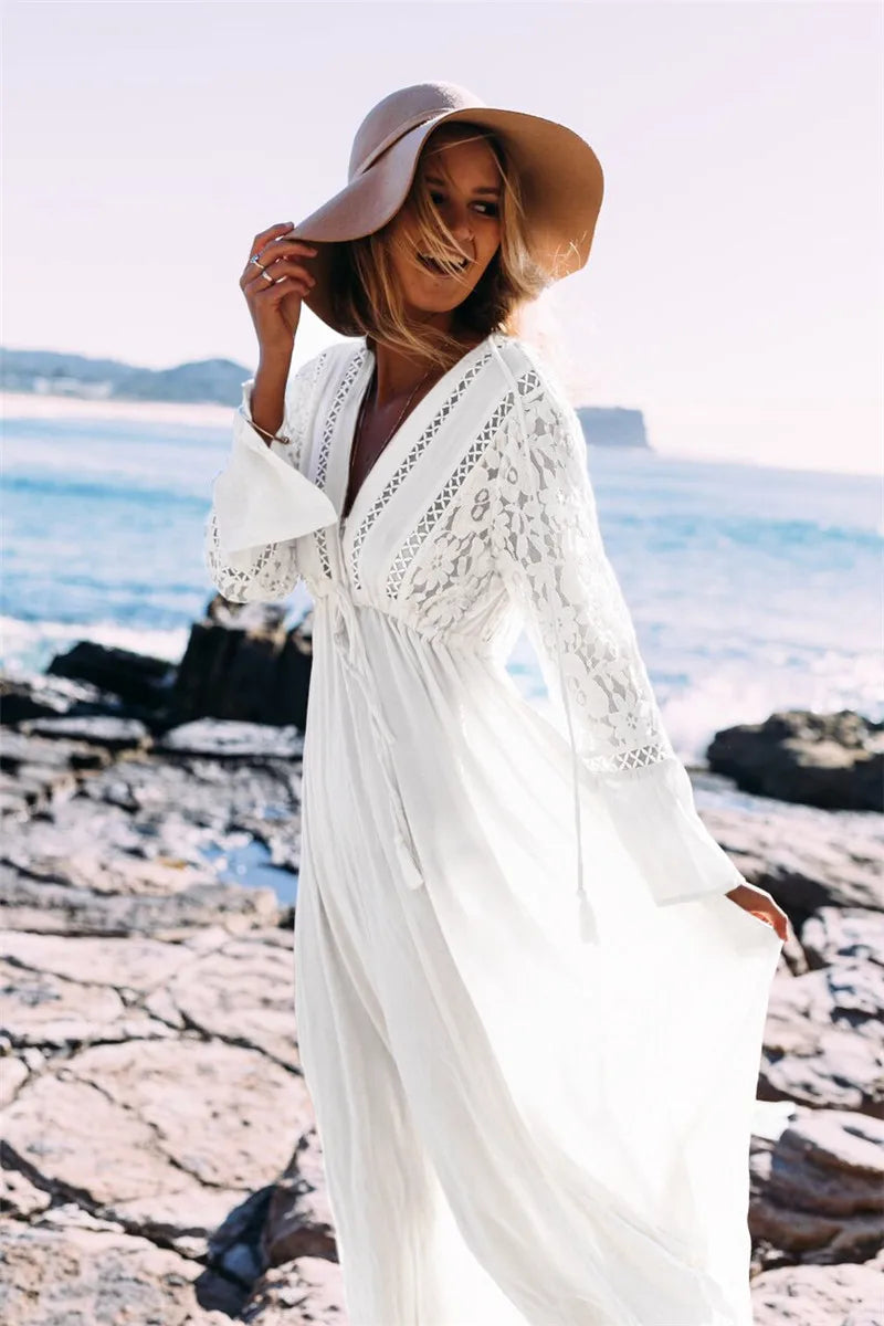 Elena - Elegante Abito Bianco Maxi con Scollo a V per Donna Bianco 3