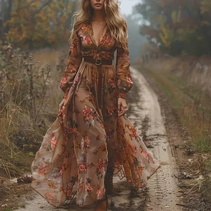 Eliana – Abito Maxi Boho con Gonna a Balze per Donna Marrone scuro