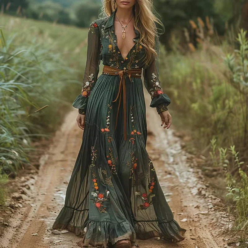 Eliana – Abito Maxi Boho con Gonna a Balze per Donna Verde