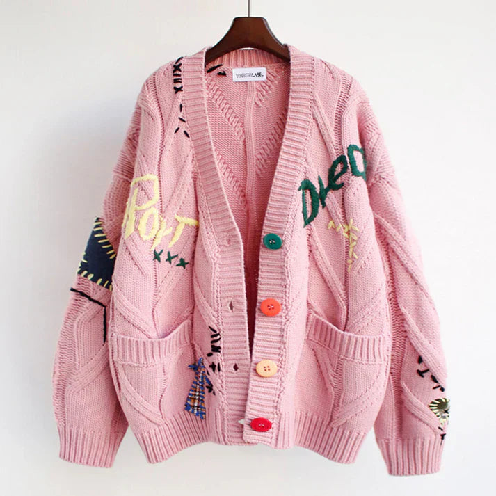 Fiorella - Cardigan elegante in maglia con dettagli patchwork