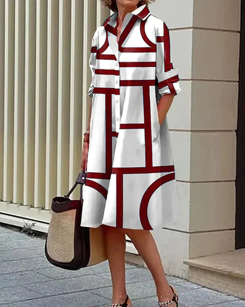 Emanuela – Abito con Tasche e Stampa Geometrica per Donna Rosso