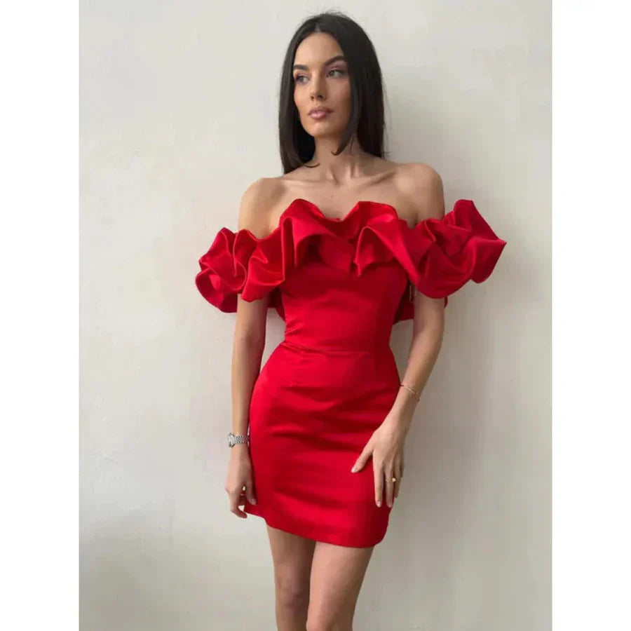Enrica – Abito con Rouches e Spalle Scoperte per Donna Rosso