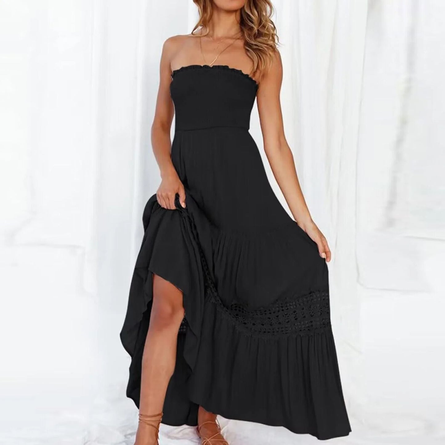 Erminia – Abito Lungo Stile Bohémien per Donna Schwarz