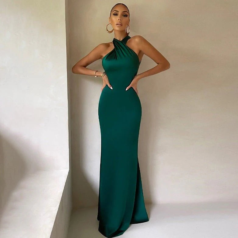 Esmeralda – Abito da Sera in Raso con Scollo Elegante Verde