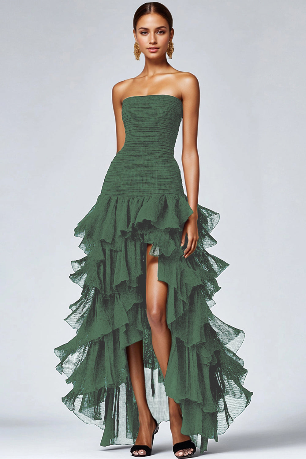 Ursina - Abito formale nero in tulle con volant donna