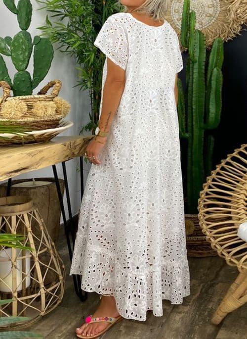 Eva – Abito Lungo in Cotone Naturale con Ricamo Sangallo Bianco 2