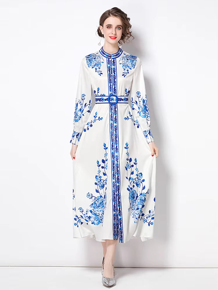Ezia – Abito Lungo Floreale con Cintura per Donna Blu 2
