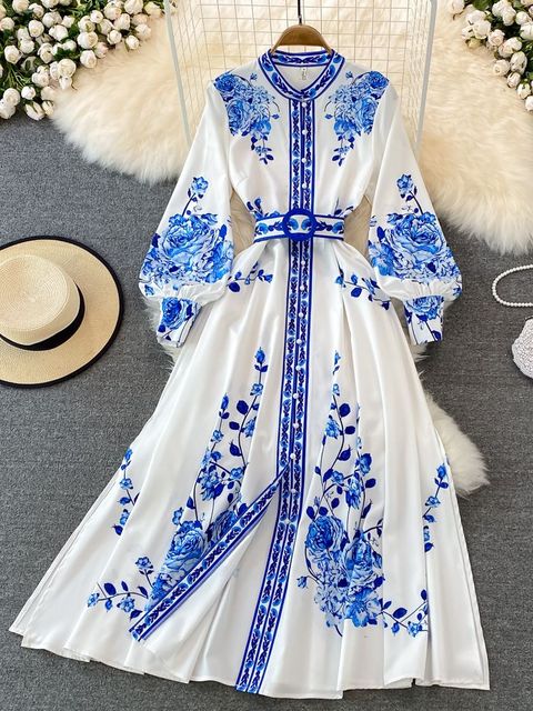 Ezia – Abito Lungo Floreale con Cintura per Donna Blu 3