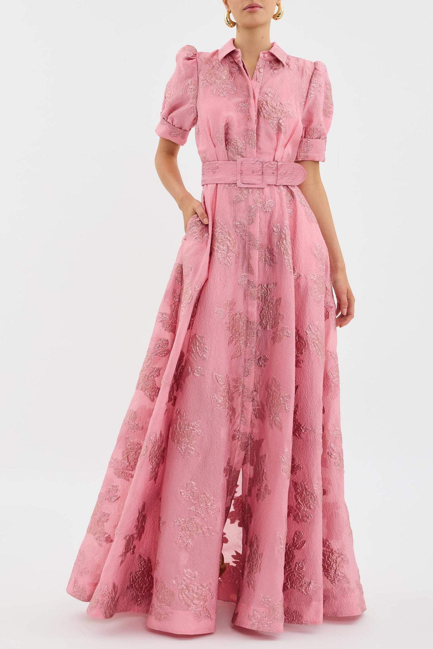 Fabiana – Abito Lungo Jacquard con Maniche a Sbuffo per Donna Rosa