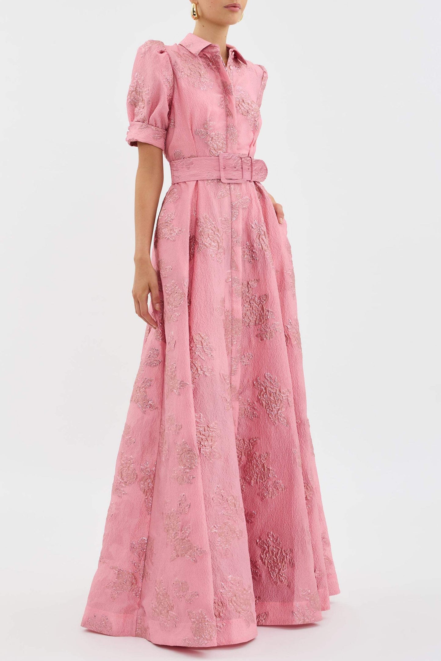 Fabiana – Abito Lungo Jacquard con Maniche a Sbuffo per Donna Rosa