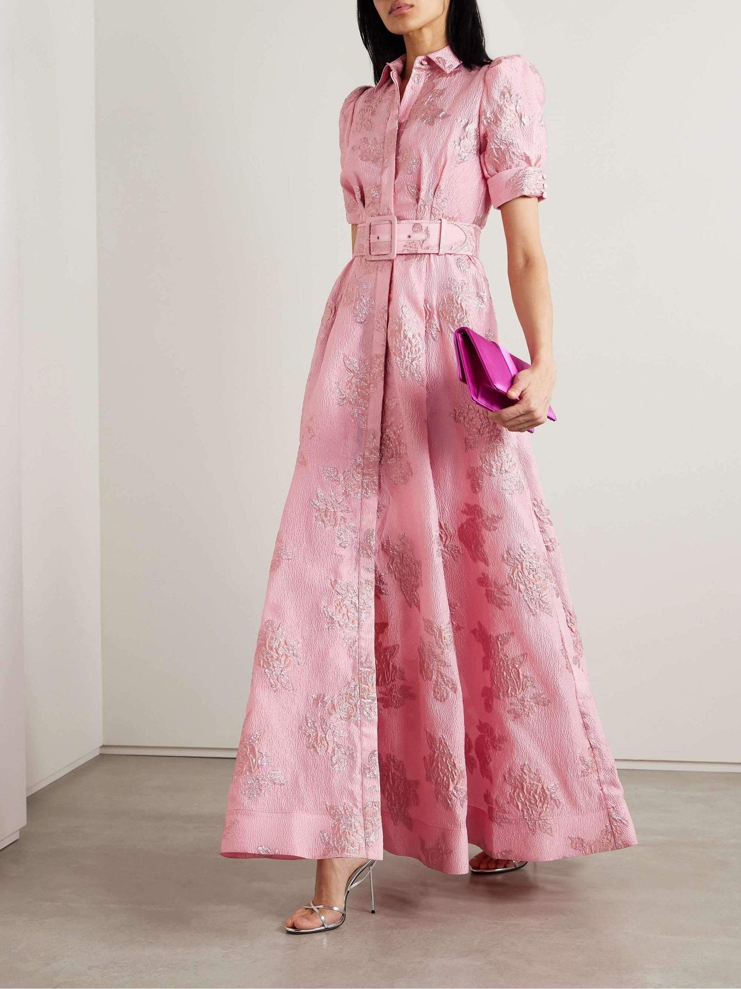 Fabiana – Abito Lungo Jacquard con Maniche a Sbuffo per Donna Rosa