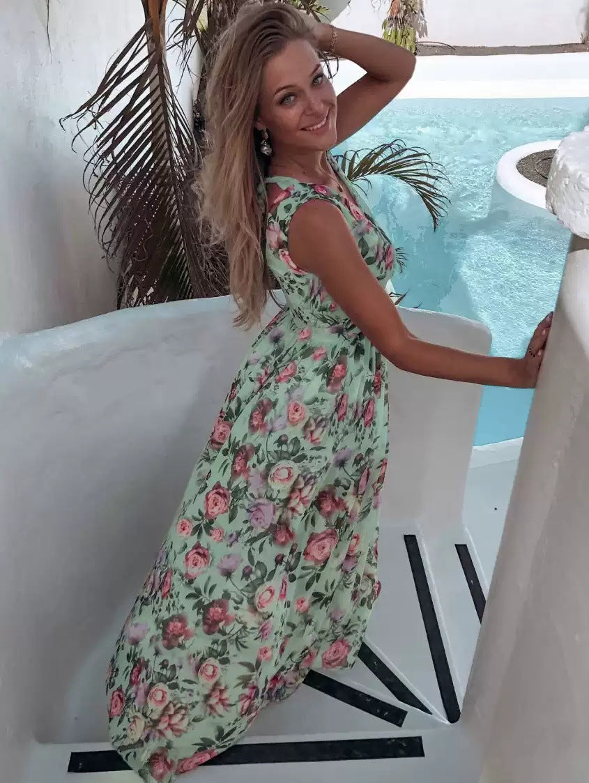 Fabiola – Vestito Lungo Floreale Monospalla con Spacco Verde