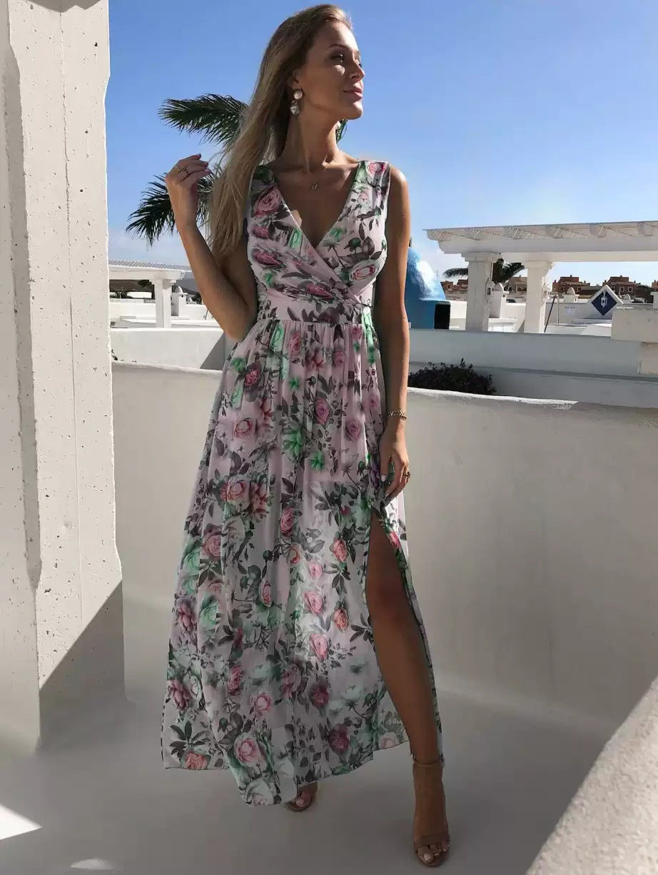 Fabiola – Vestito Lungo Floreale Monospalla con Spacco Viola