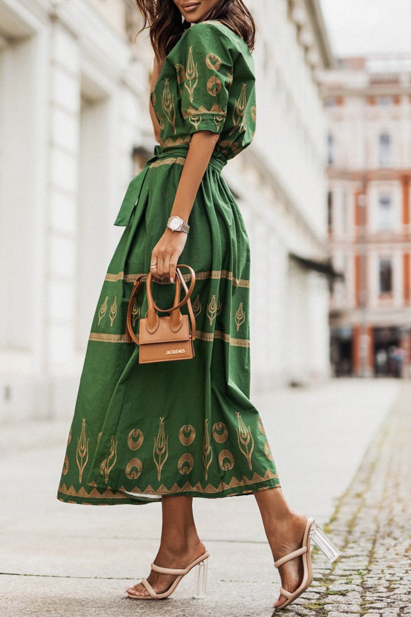 Federica – Vestito Vintage in Cotone con Cintura per Donna Verde