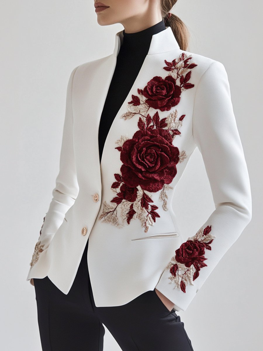 Filomena - Schicker Weißer Blazer mit roter Rosenstickerei Bianco