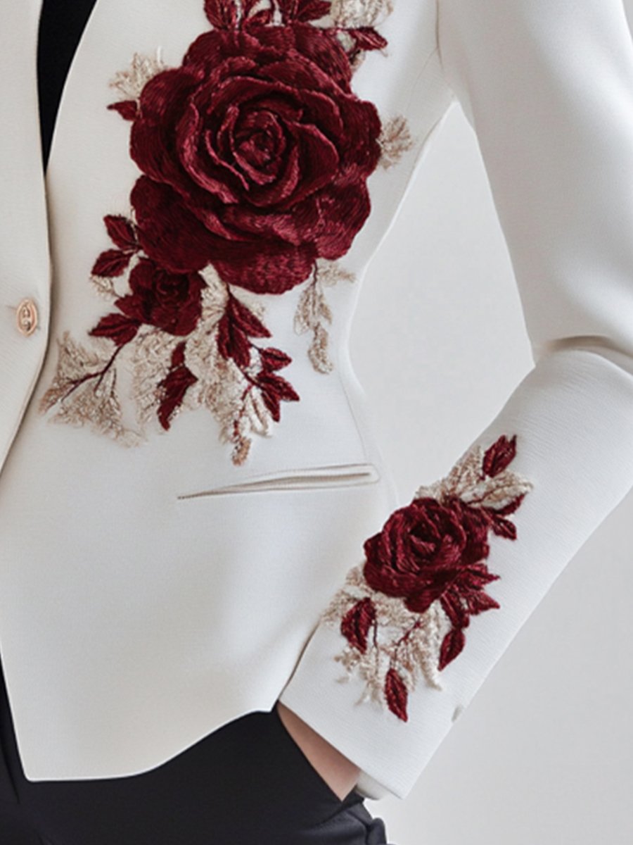 Filomena - Schicker Weißer Blazer mit roter Rosenstickerei Bianco