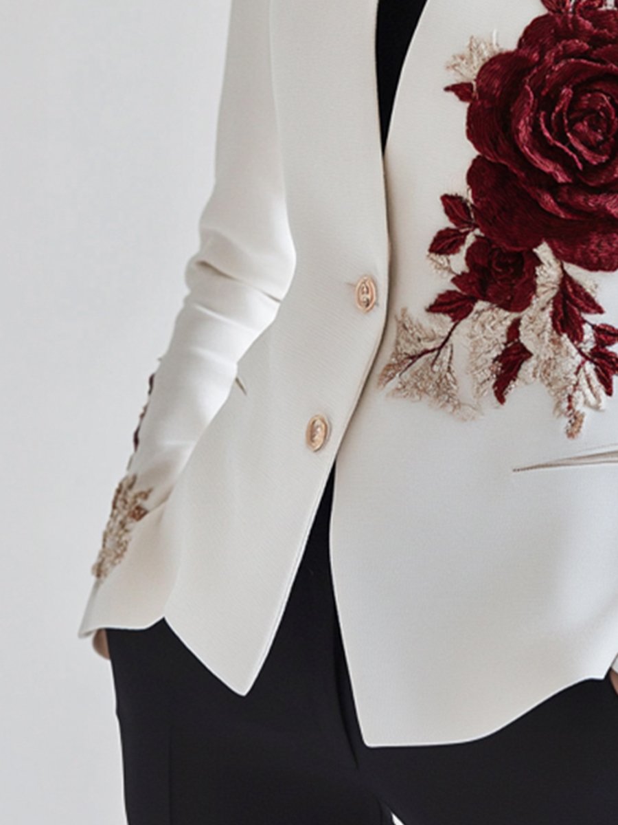 Filomena - Schicker Weißer Blazer mit roter Rosenstickerei Bianco