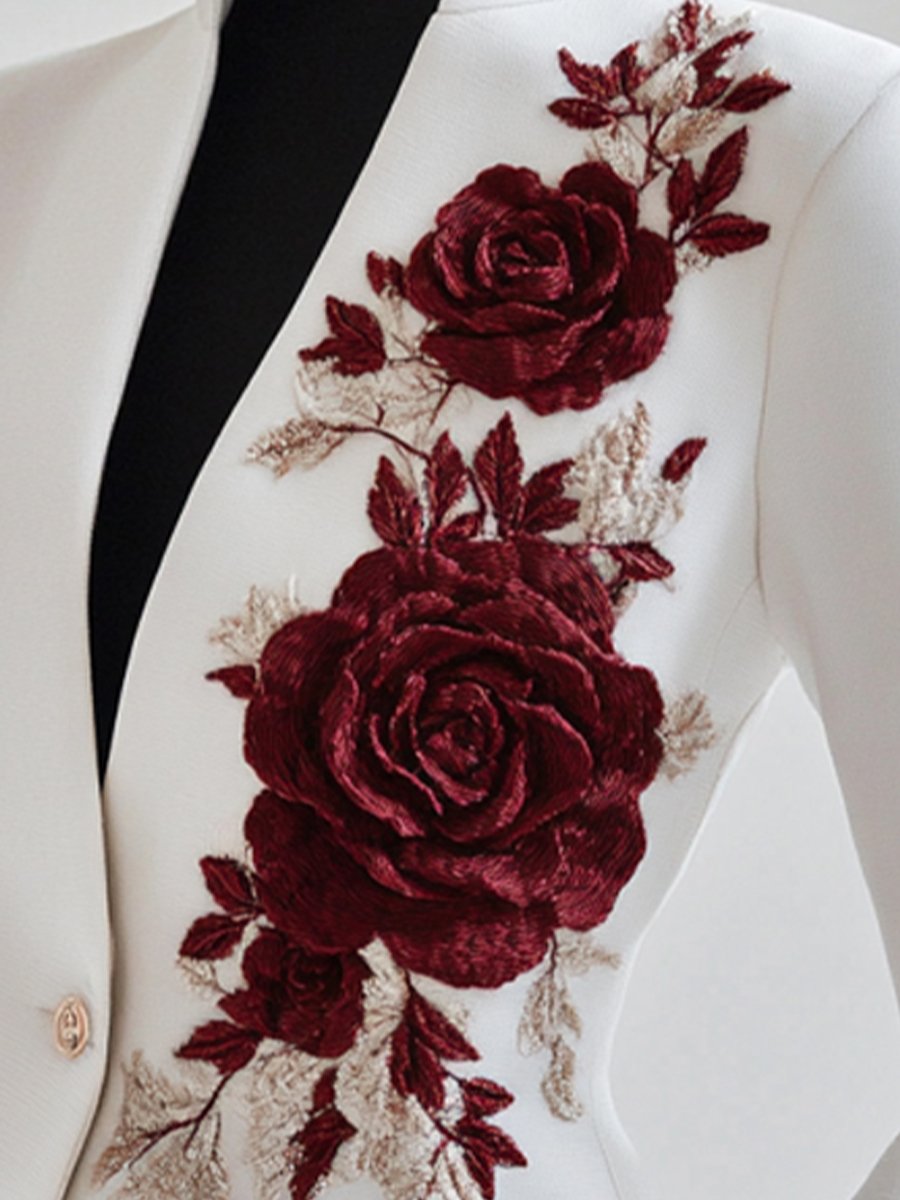 Filomena - Schicker Weißer Blazer mit roter Rosenstickerei Bianco