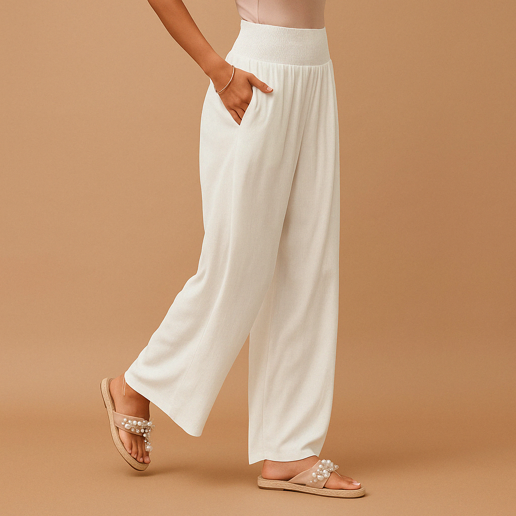 Flavia – Pantaloni Eleganti in Lino a Gamba Larga per Donna Bianco