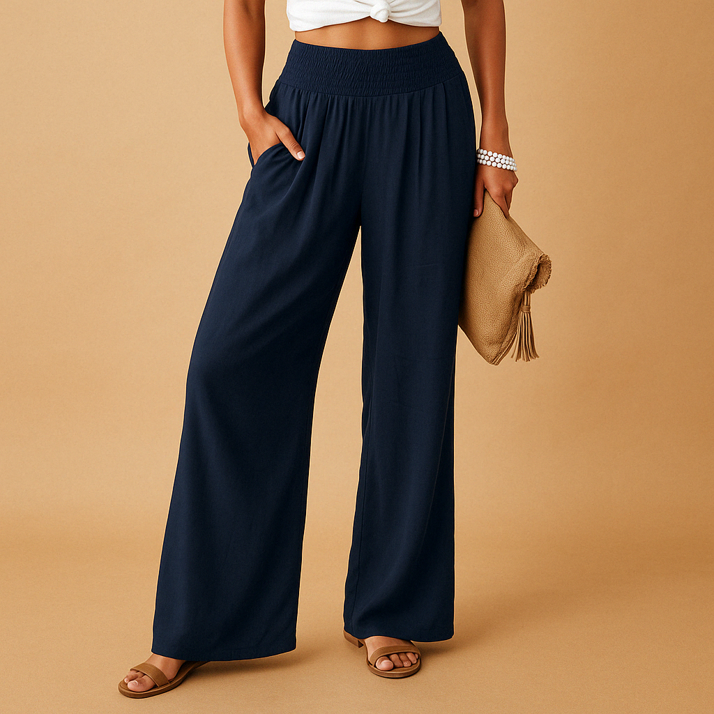 Flavia – Pantaloni Eleganti in Lino a Gamba Larga per Donna Blu navy
