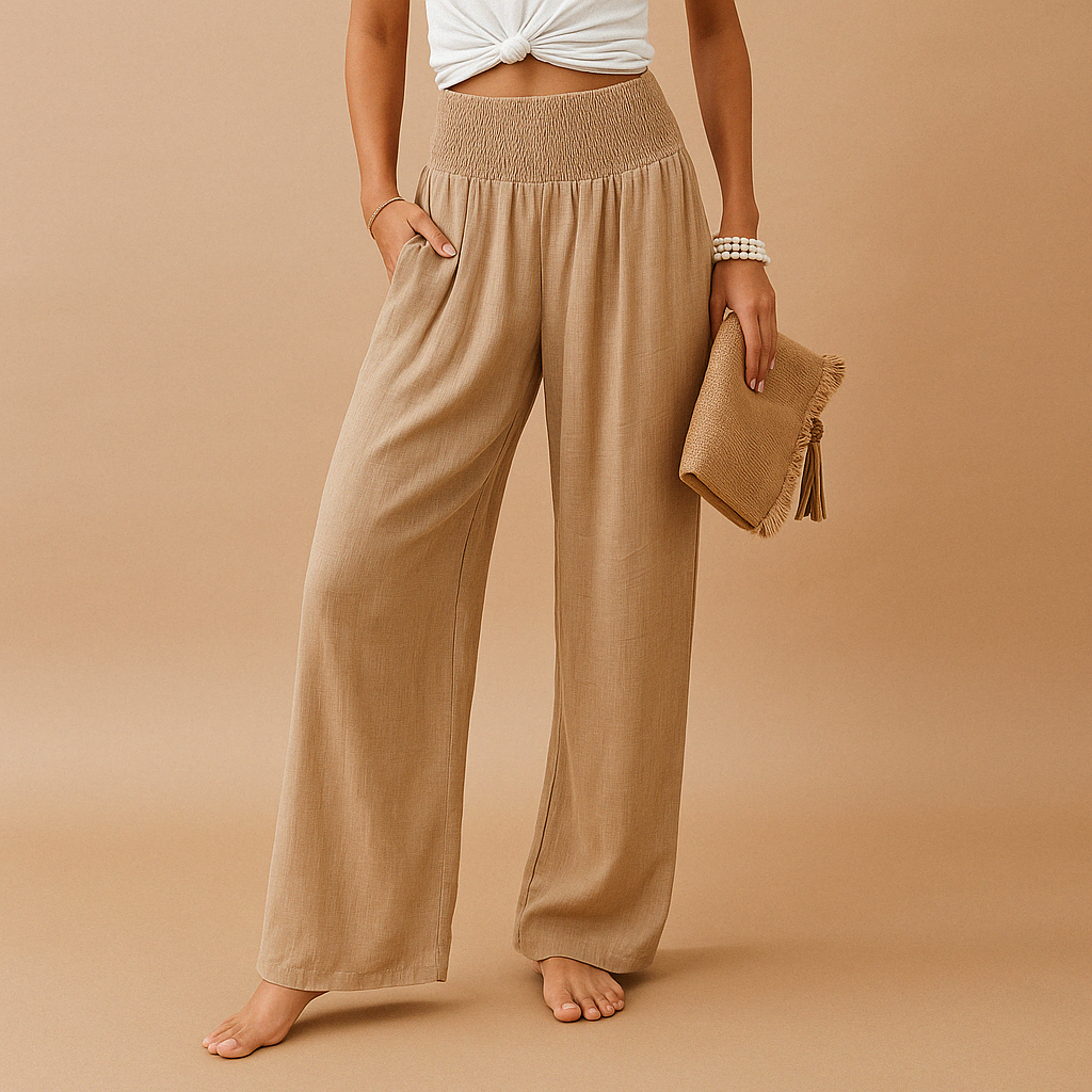 Flavia – Pantaloni Eleganti in Lino a Gamba Larga per Donna Khaki