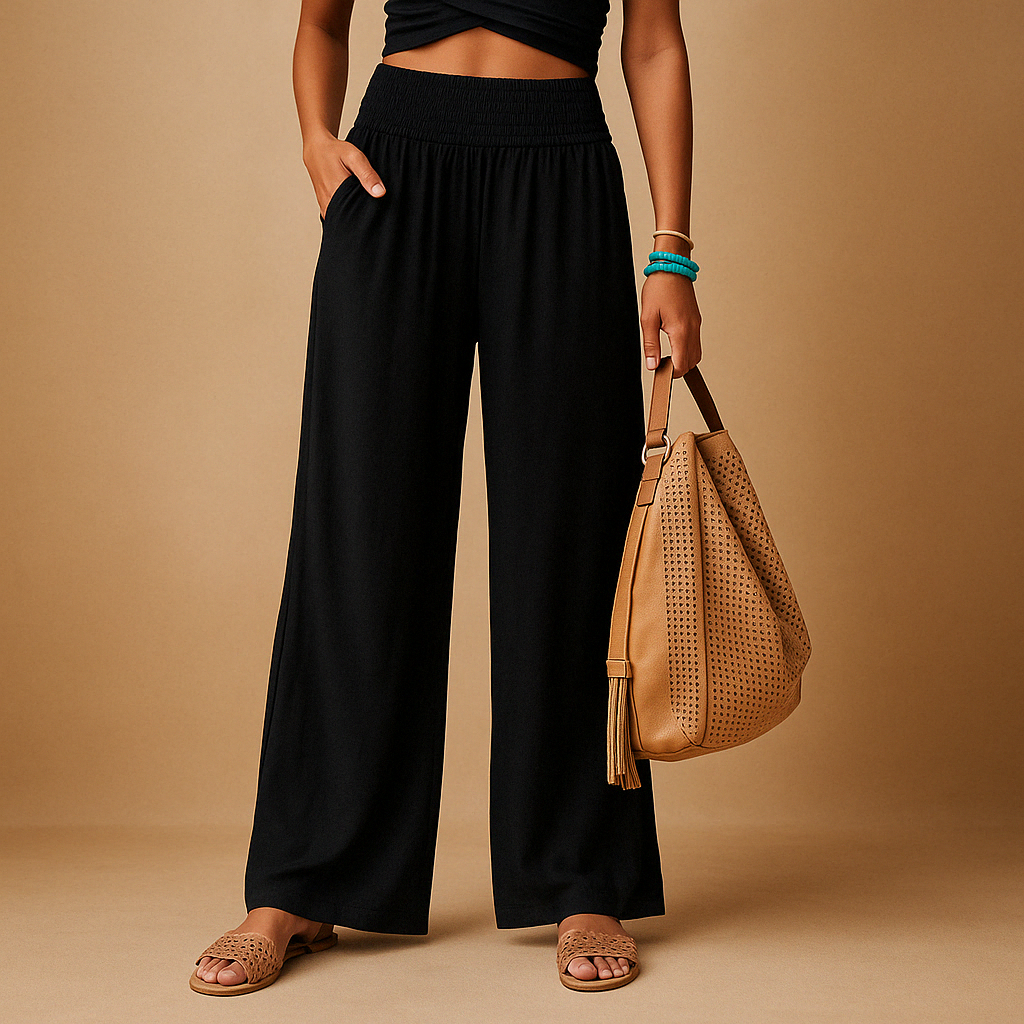 Flavia – Pantaloni Eleganti in Lino a Gamba Larga per Donna Nero