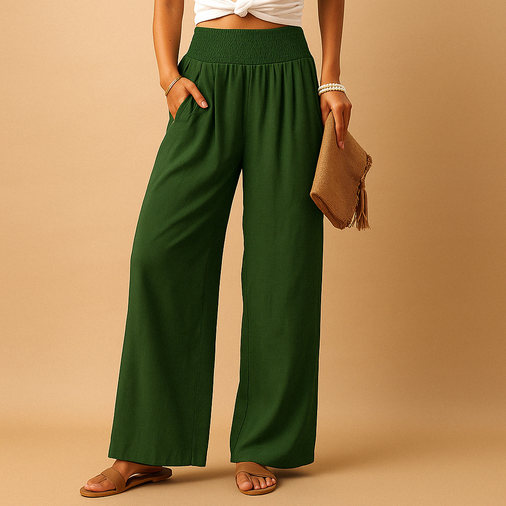 Flavia – Pantaloni Eleganti in Lino a Gamba Larga per Donna Verde scuro