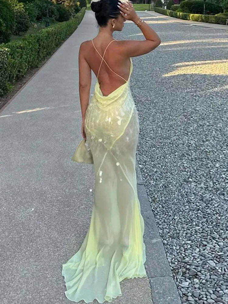 Fosca – Abito Lungo a Sirena con Scollo a V per Donna Beige