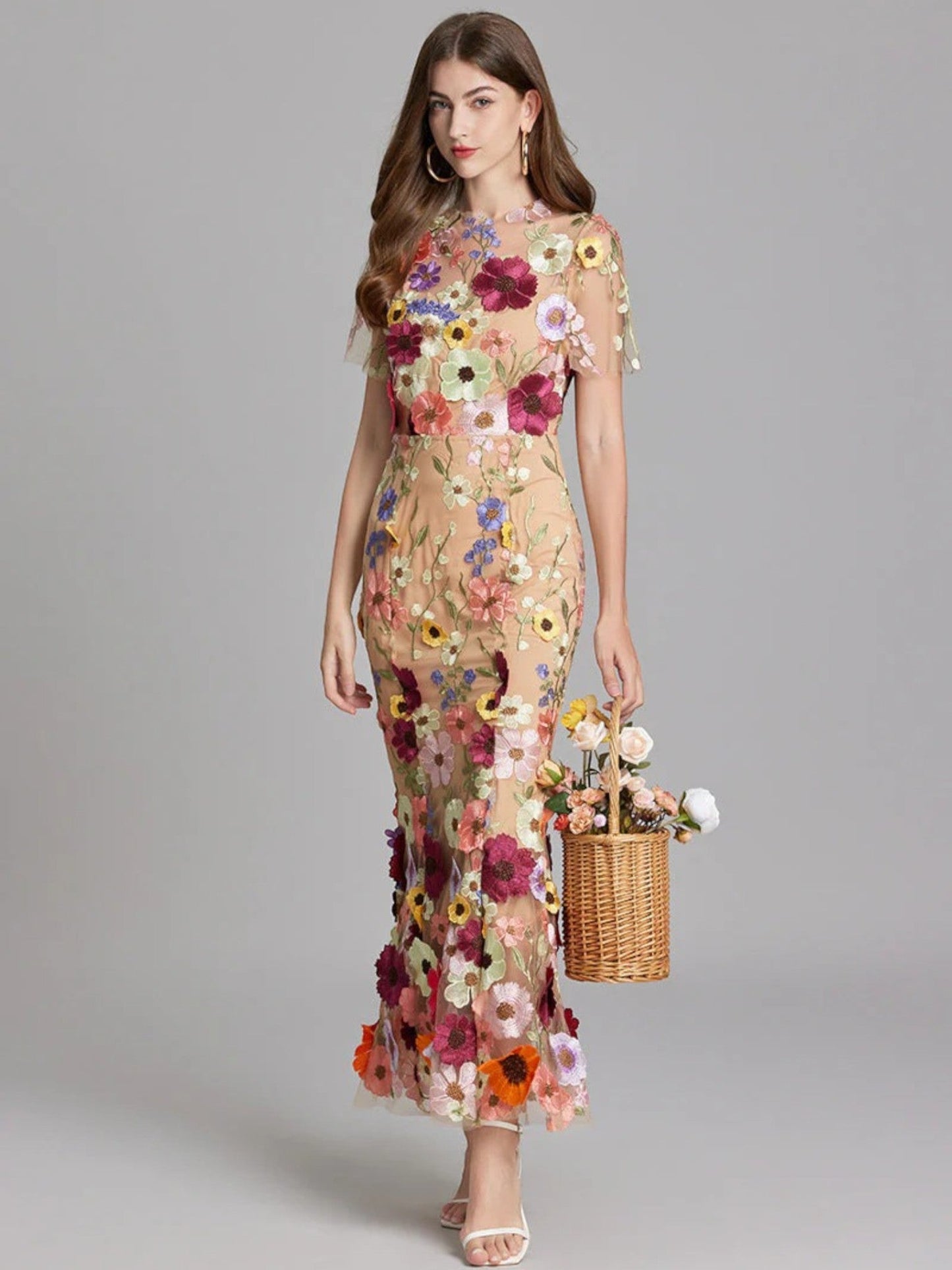 Gabriella - Abito Da Sposa Lungo Floreale Da Donna Per Gli Ospiti Beige