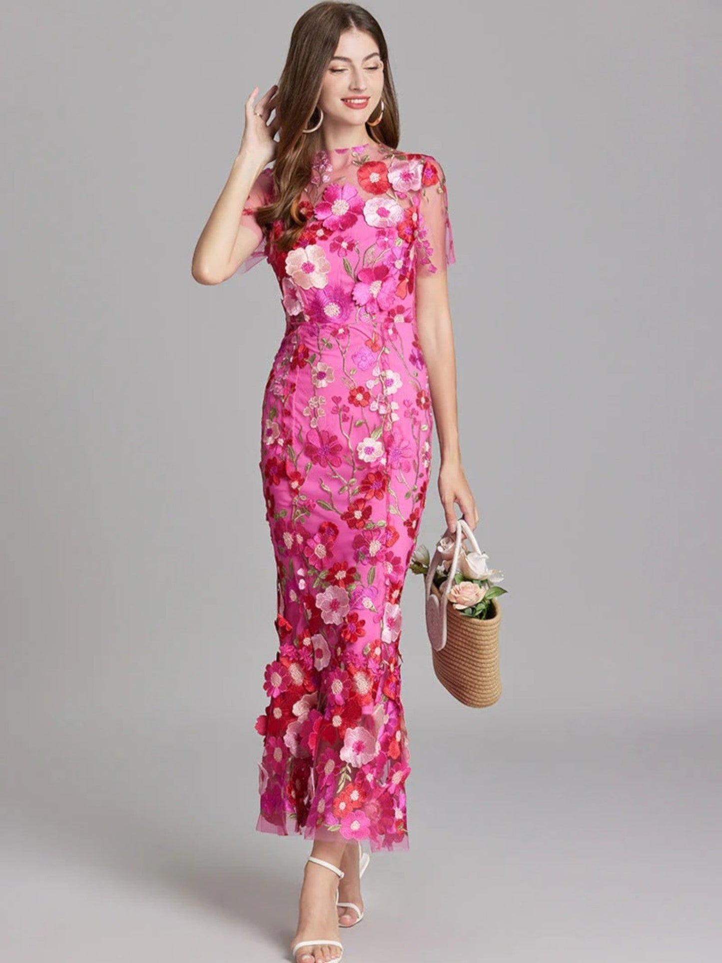 Gabriella - Abito Da Sposa Lungo Floreale Da Donna Per Gli Ospiti Rosa scuro