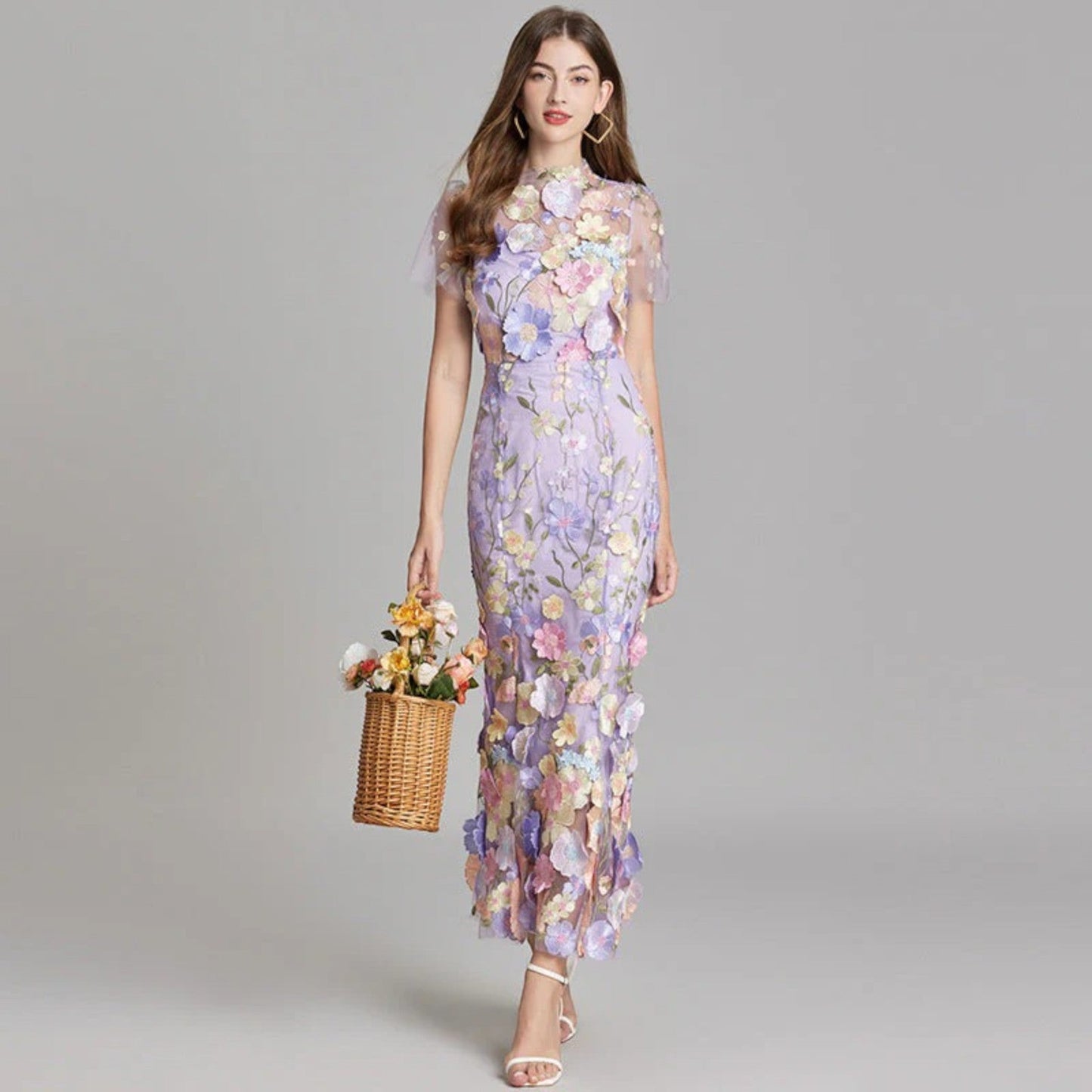 Gabriella - Abito Da Sposa Lungo Floreale Da Donna Per Gli Ospiti Viola