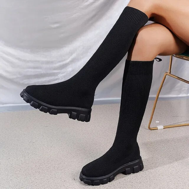 Tania - Stivali al Ginocchio da Donna con Vestibilità a Calza e Suola Carrarmato