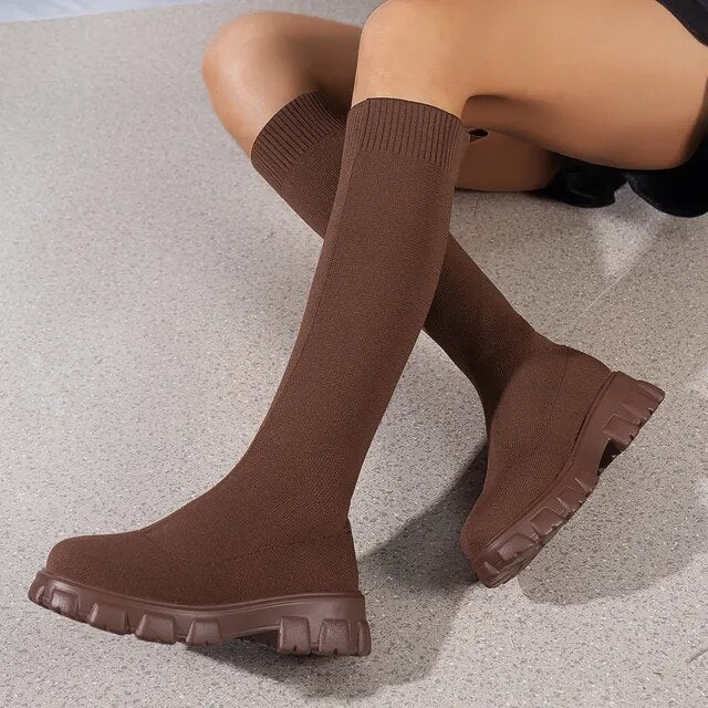 Tania - Stivali al Ginocchio da Donna con Vestibilità a Calza e Suola Carrarmato