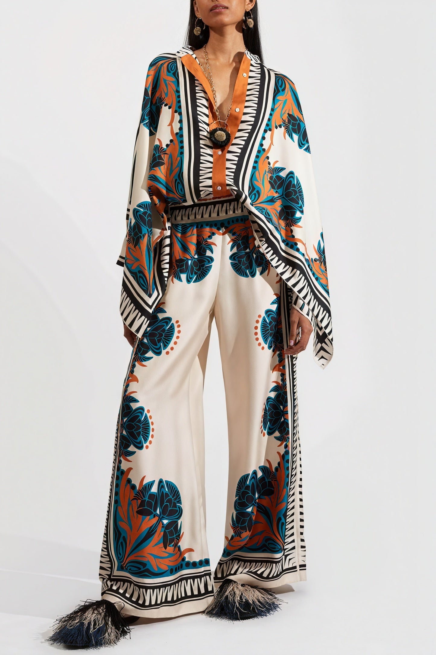 Gia - Completo Kimono di Seta con Pantaloni Ampi Arancione