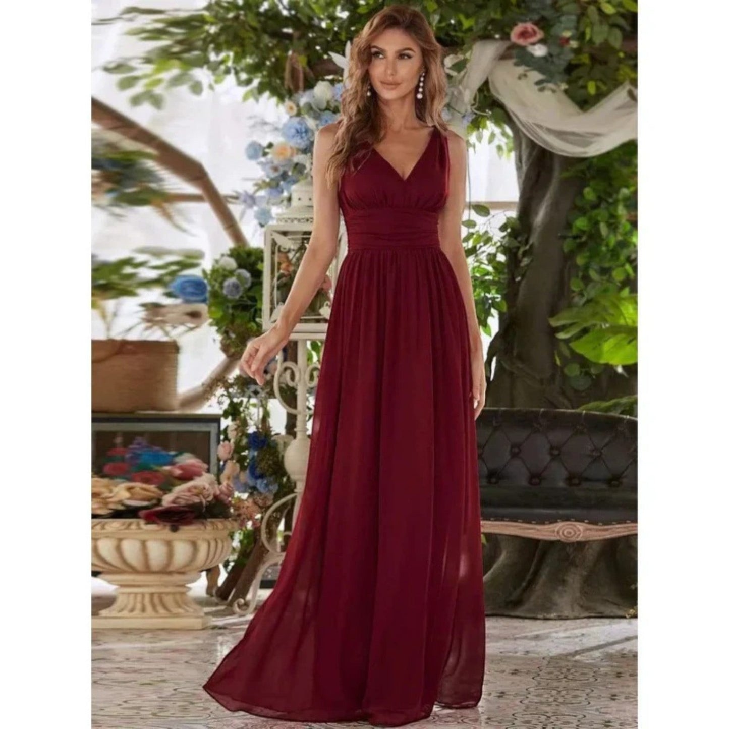 Gilda - Elegante Abito Con Scollo A V Da Donna Vino Rosso