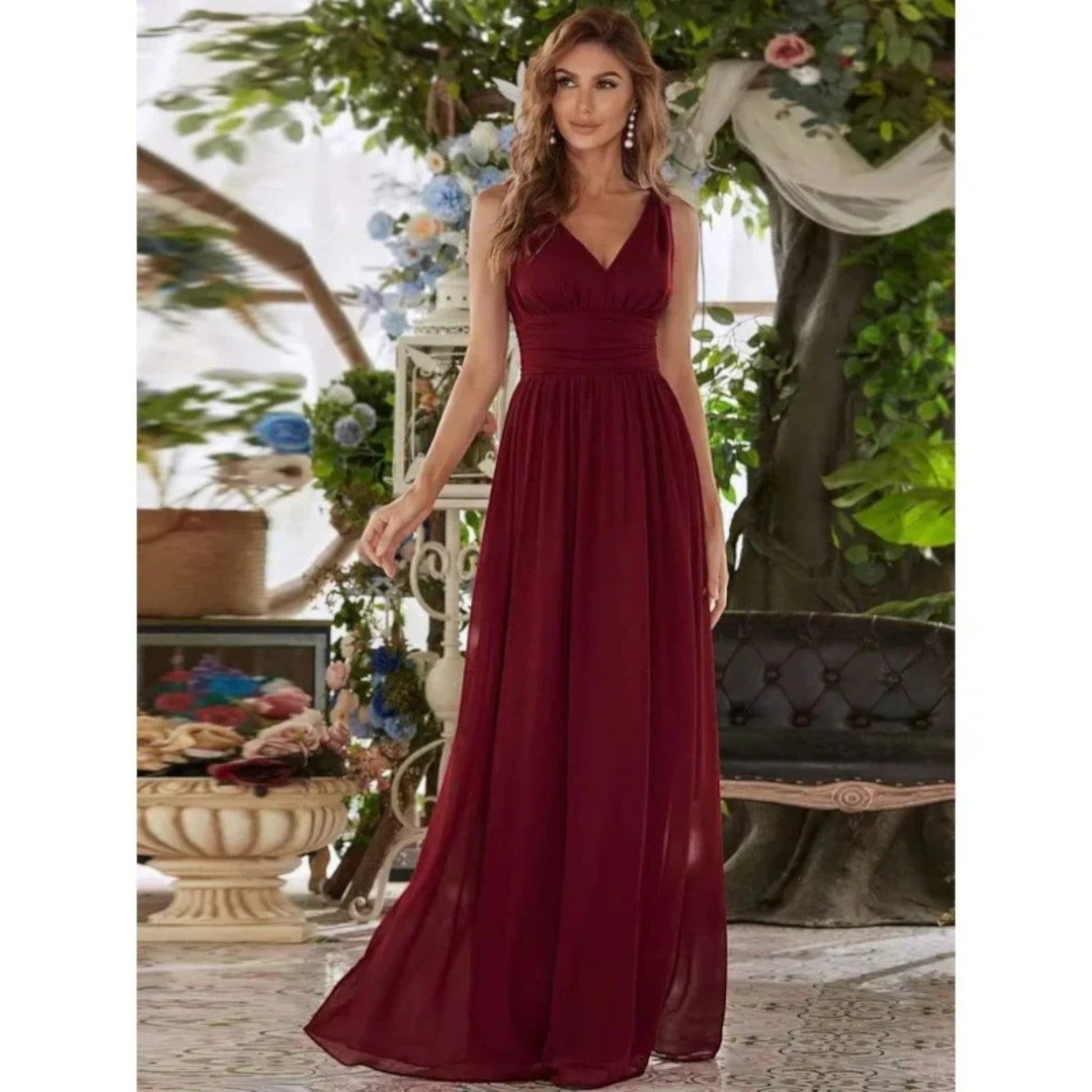 Gilda - Elegante Abito Con Scollo A V Da Donna Vino Rosso