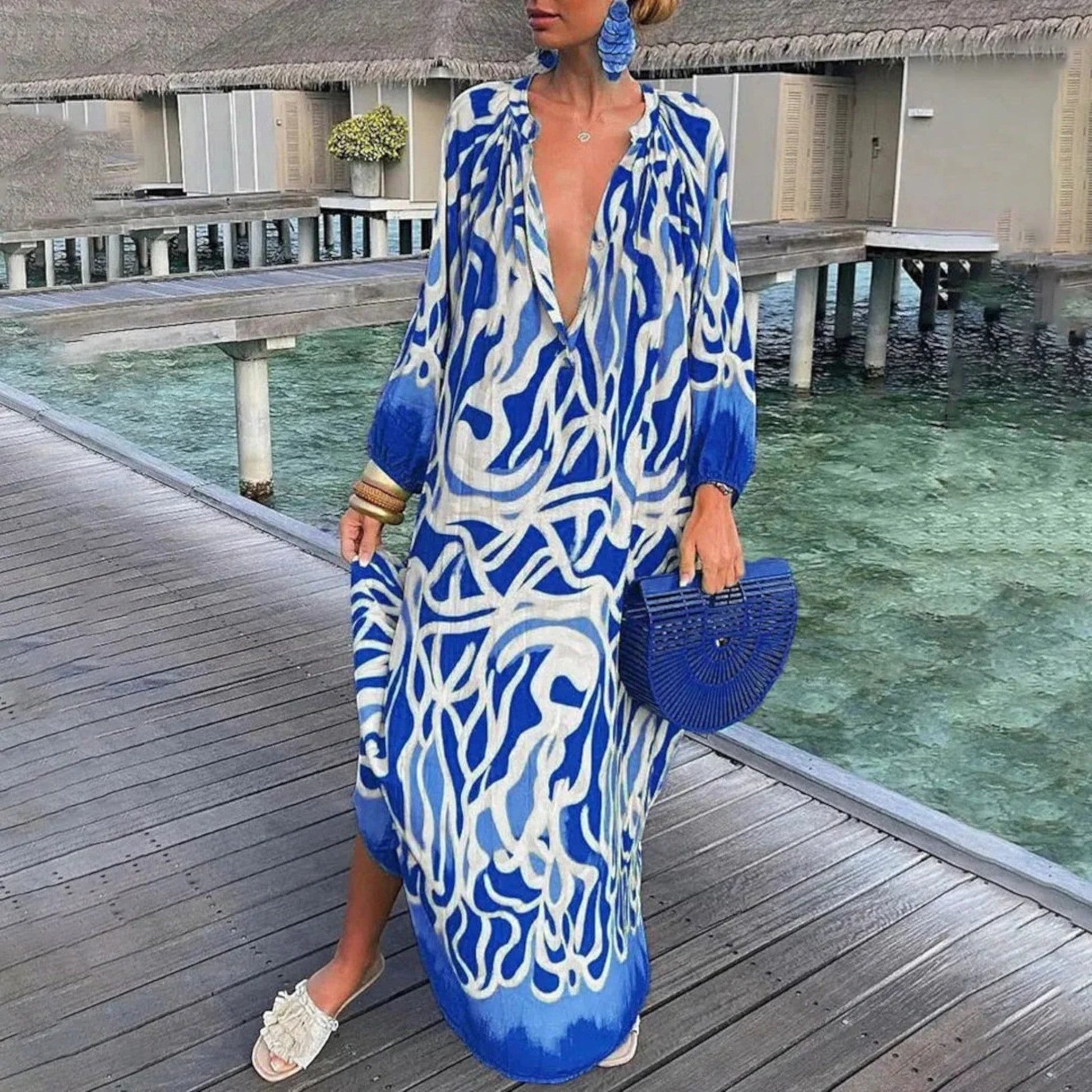 Ginepra - Abito Oversize Bohémien Con Scollo A V Per Donna Blu
