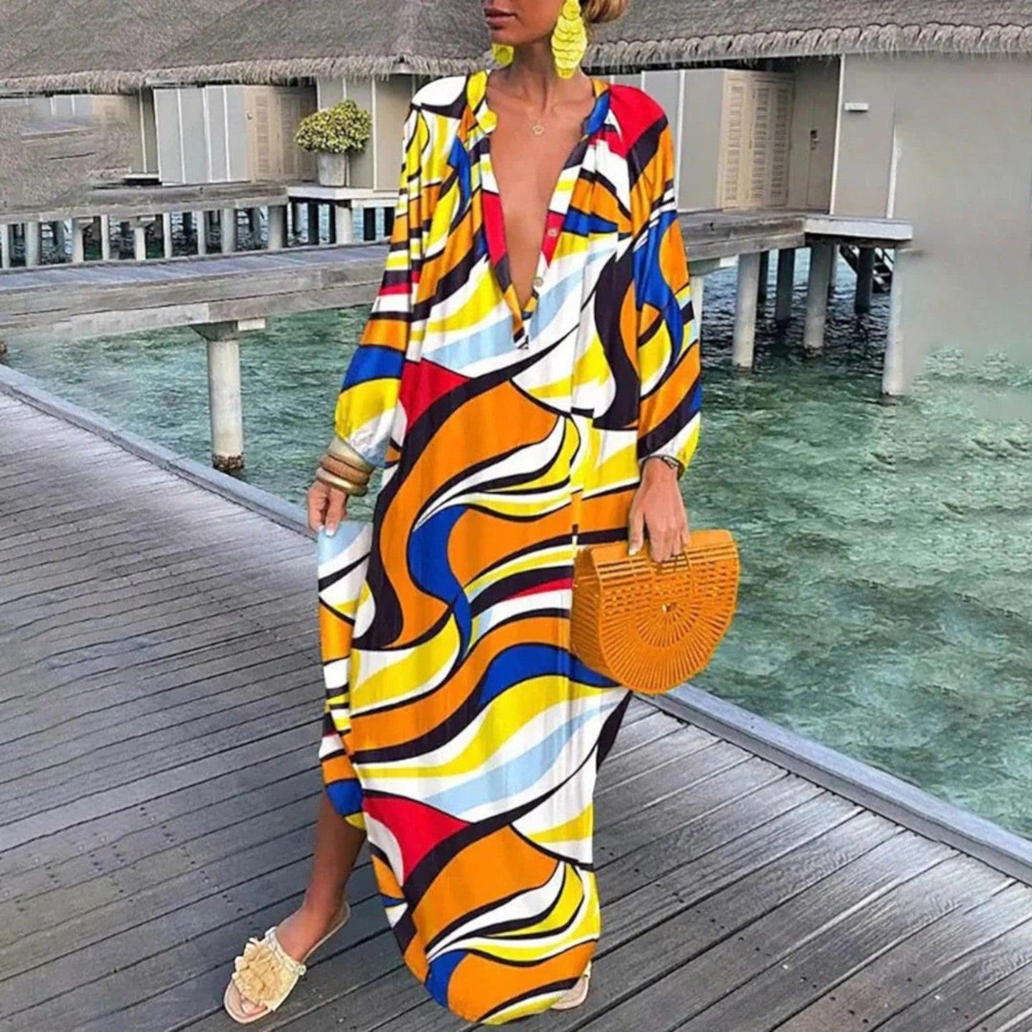 Ginepra - Abito Oversize Bohémien Con Scollo A V Per Donna Giallo