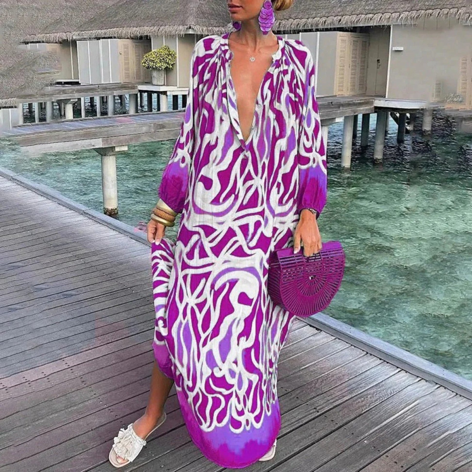 Ginepra - Abito Oversize Bohémien Con Scollo A V Per Donna Viola