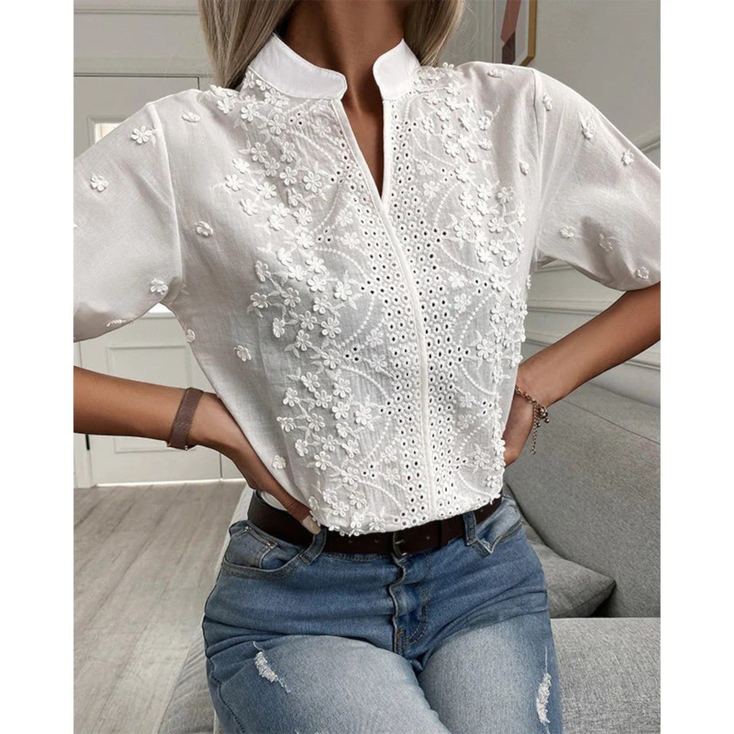 Ginetta - Camicetta Elegante Con Ricamo Per Donna Bianco
