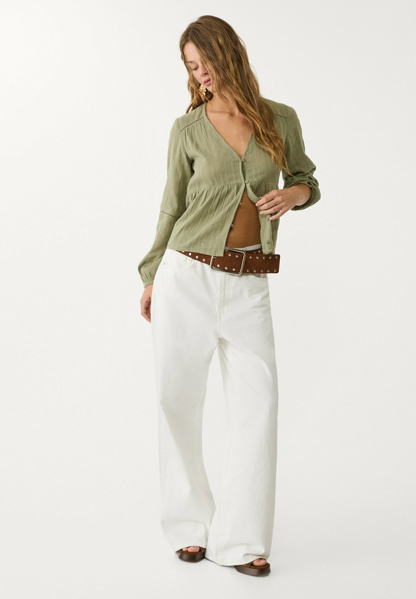 Ginevra – Blusa Fluida con Dettagli Khaki Naturale