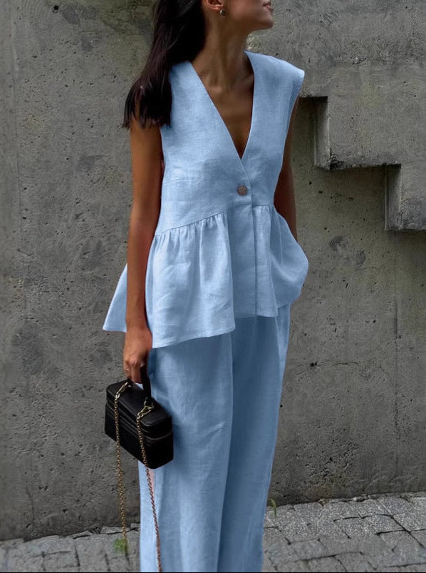Giovinetta – Completo in Lino con Top a V e Pantaloni Palazzo Blu