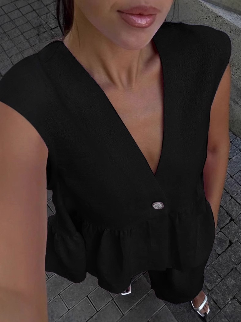 Giovinetta – Completo in Lino con Top a V e Pantaloni Palazzo Nero
