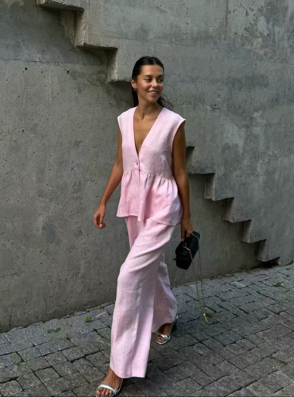 Giovinetta – Completo in Lino con Top a V e Pantaloni Palazzo Rosa
