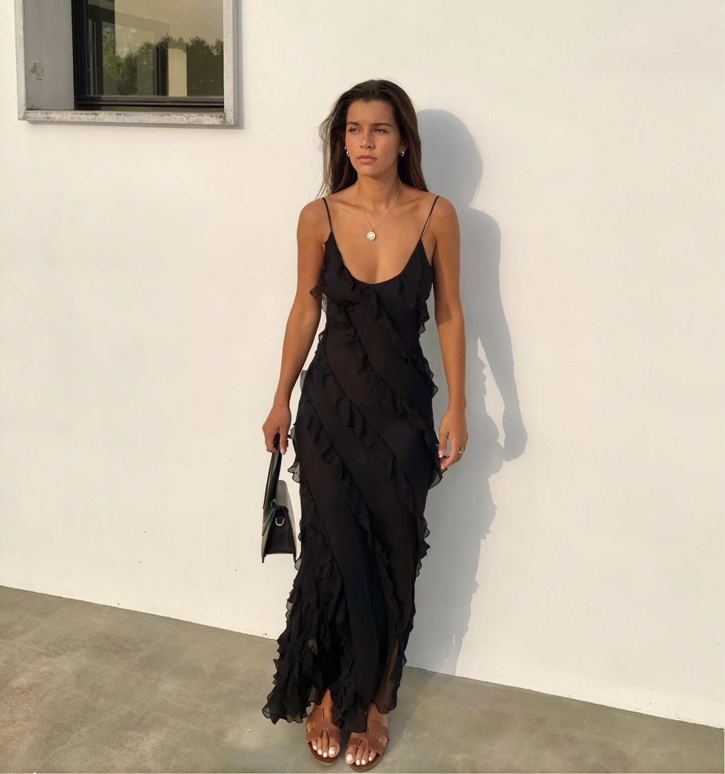 Giselina - Abito Maxi Fluido Spalline Sottili Nero