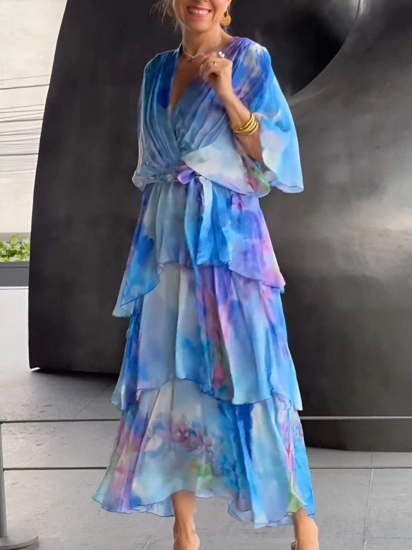 Graziella - Abito Lungo Con Balze Floreali Da Donna Blu