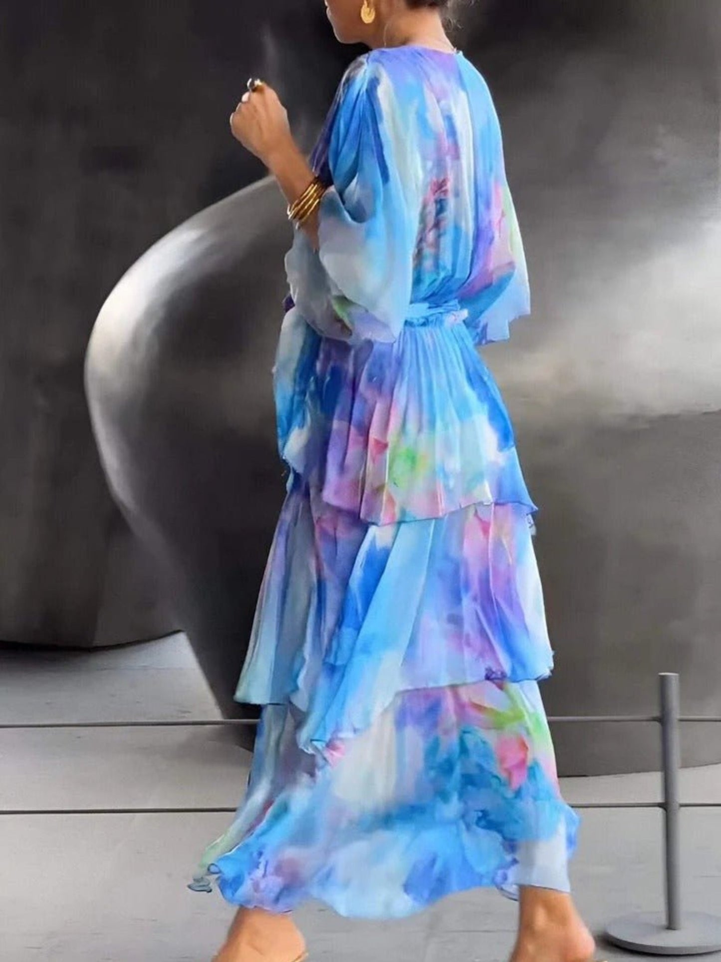 Graziella - Abito Lungo Con Balze Floreali Da Donna Blu