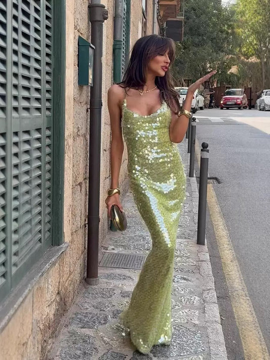 Gregoria – Abito Maxi con Paillettes Scintillanti Verde